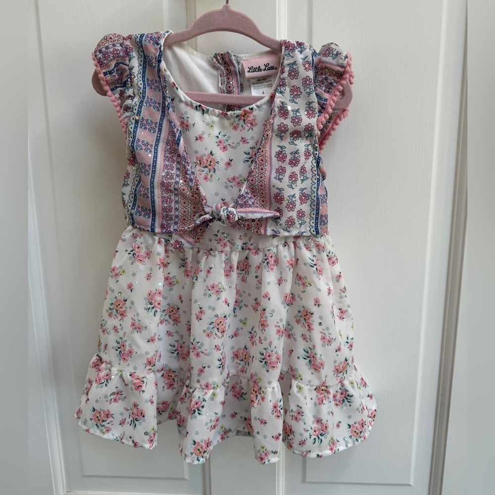 Little Lass Girl Size 4 Pink and White Floral Tie Front Short Sleeve Blouse Top